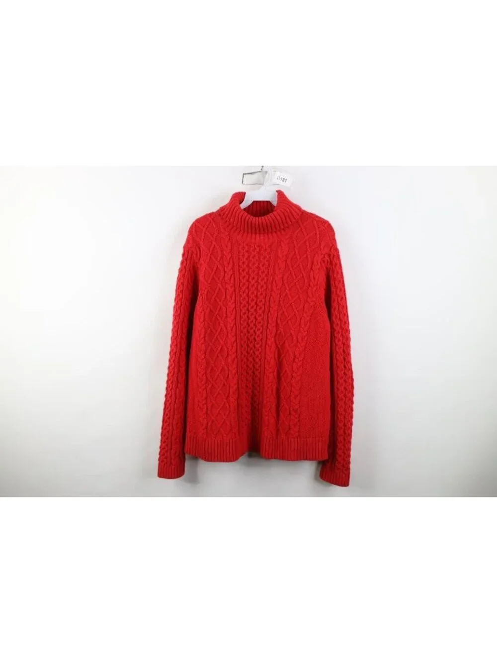 Vintage Lands End Womens XL Chunky Cable Knit Fisherman Turtleneck Sweater Red